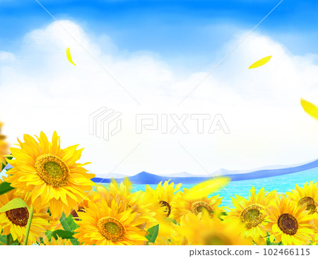 Sunflowers blooming under the blue sky of the thundercloud of the sun-Summer image illustration material of the wavering waves of the sea Sunflowers blooming under the blue sky of the thundercloud of the sun-Summer image illustration material of the wavering waves of the sea 102466115