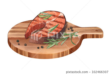 Watercolor delicious sliced grilled salmon steak BBQ on the wood board. Hand-drawn illustration isolated on white background close-up. Perfect for menu cafe, restaurant, recipe book, cooking, barbecue 102466307