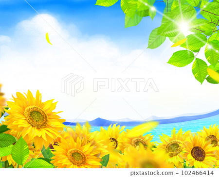 Sunflowers blooming under the blue sky of the sun's thunderhead_Summer image illustration material of the flickering waves of the sea 102466414