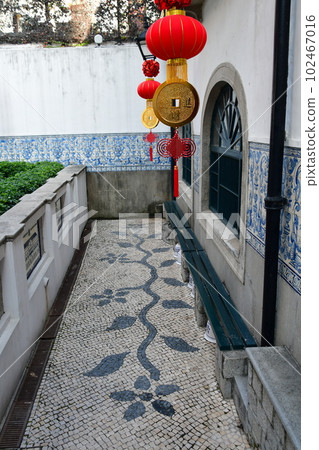Macau, General Office of Civil Administration, wall of azulejos (decorative tiles), stone pavement with floral patterns (calzadas) 102467016