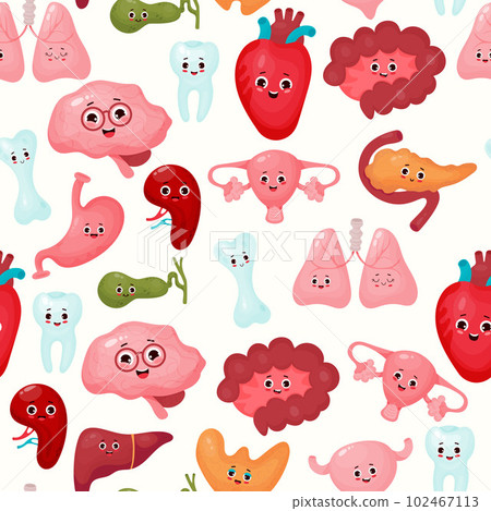 Seamless pattern with internal organs. Cute cartoon human organs characters kawaii on white background. Vector illustration. For kids collection, design, wallpaper, textile 102467113