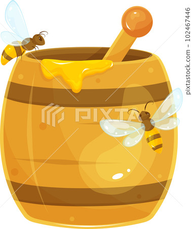 vector illustration of a barrel of honey, bees sitting on a wooden barrel of honey, flying around 102467446