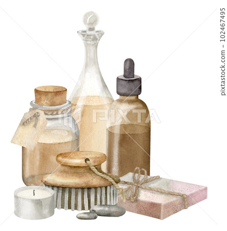 Spa cosmetic with vintage Bottles, soap and brush for aromatherapy. Hand drawn watercolor illustration of bodycare products for massage on isolated white background. Drawing of skin care toiletries. 102467495