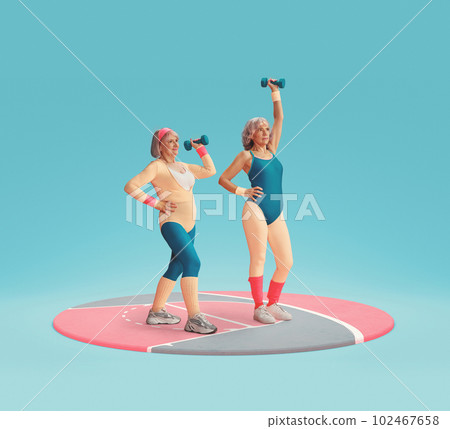 Sportive, healthy, active senior women in sportswear training, doing fitness exercises with dumbbells against blue background Sportive, healthy, active senior women in sportswear training, doing fitness exercises with dumbbells against blue background 102467658