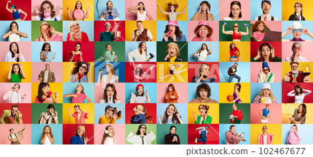 Collage made of portraits of different people of diverse age and gender over multicolored background. Sport, business and lifestyle Collage made of portraits of different people of diverse age and gender over multicolored background. Sport, business and lifestyle 102467677