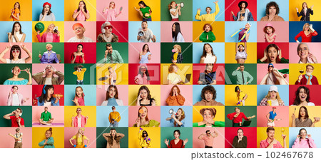 Collage made of portraits of diverse people, men and women showing happiness and shock, posing over multicolor background Collage made of portraits of diverse people, men and women showing happiness and shock, posing over multicolor background 102467678