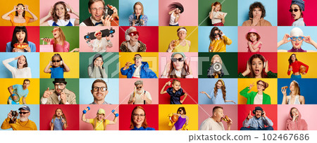 Collage made of portraits of people of different age and gender showing diversity of emotions over multicolored background 102467686