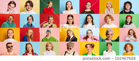 Collage made of portraits different people of diverse gender and age smiling, showing positivity against multicolored background Collage made of portraits different people of diverse gender and age smiling, showing positivity against multicolored background 102467688