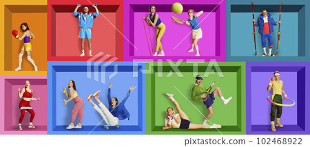 Different young people, men and women in stylish clothes training, doing different types of sport over multicolored background. Contemporary art collage. 102468922