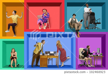 Freelance job. Different people working online from home, developing professional success. Contemporary art collage. 102468923