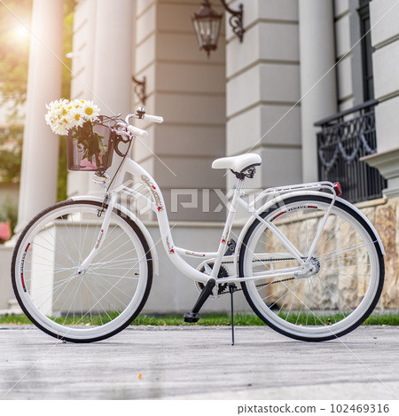 Side view of a modern city urban city bike or bicycle for street road. City bicycle parked on a lawn. Urban bike standing upright on grass, static, no people. 102469316