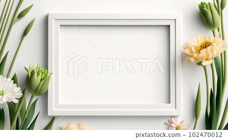 Mockup of picture frame decorated with spring flowers clean space for text on white background Mockup of picture frame decorated with spring flowers clean space for text on white background 102470012