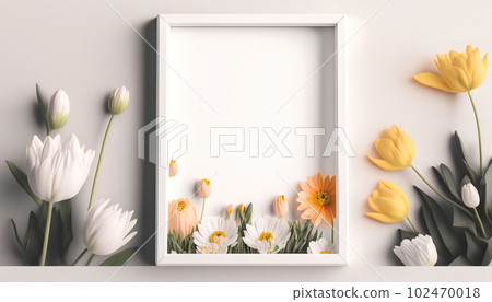 Mockup of picture frame decorated with spring flowers clean space for text on white background Mockup of picture frame decorated with spring flowers clean space for text on white background 102470018