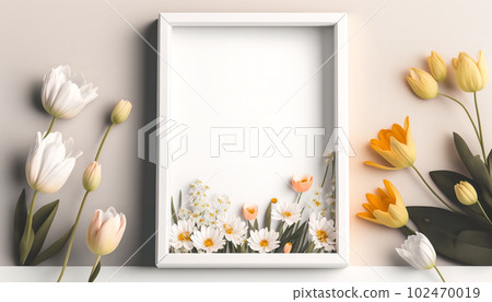Mockup of picture frame decorated with spring flowers clean space for text on white background Mockup of picture frame decorated with spring flowers clean space for text on white background 102470019