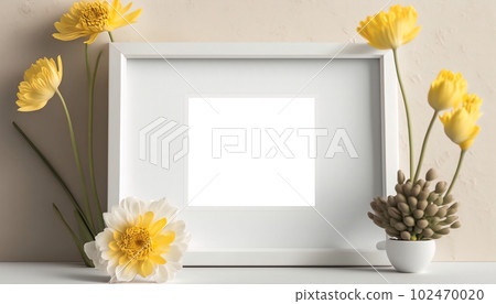 Mockup of picture frame decorated with spring flowers clean space for text on white background 102470020