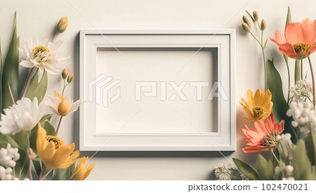 Mockup of picture frame decorated with spring flowers clean space for text on white background Mockup of picture frame decorated with spring flowers clean space for text on white background 102470021