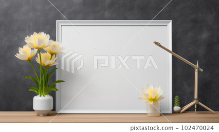 Mockup of picture frame decorated with spring flowers clean space for text on white background 102470024