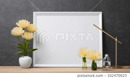 Mockup of picture frame decorated with spring flowers clean space for text on white background Mockup of picture frame decorated with spring flowers clean space for text on white background 102470025