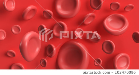 3d flow red blood cells iron platelets on red background. Realistic erythrocyte medical analysis illustration banner 102470096