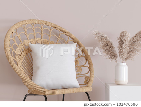 White square pillow in modern room. Blank cushion case template for your graphic design presentation. Pillow cover mock up for print, pattern, personalized illustration. Close-up. 3D rendering. 102470590