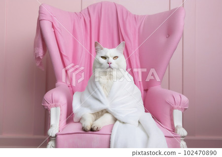 Cat is relaxing on pink armchair. Pets spa, grooming salon, pet resort. Animal care service, bathing. Rest, relax, wellness. Generative AI. 102470890