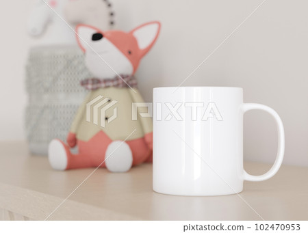White kids mug mock up. Blank template for your design, advertising, logo. Close-up view. Copy space. Cup standing in children room. Playful cup mockup. 3D rendering. White kids mug mock up. Blank template for your design, advertising, logo. Close-up view. Copy space. Cup standing in children room. Playful cup mockup. 3D rendering. 102470953
