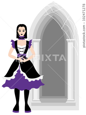 Greeting card in gothic style. Girl in dark dress. Illustration or background for holiday and party. Greeting card in gothic style. Girl in dark dress. Illustration or background for holiday and party. 102471278
