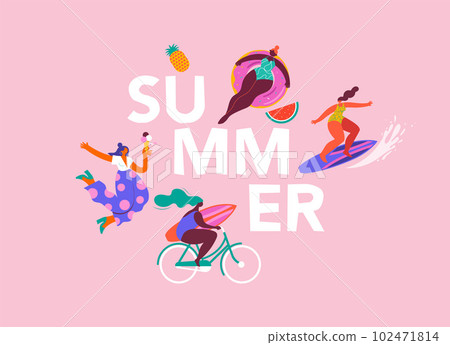 Summer background. Colorful, modern style banner. Summer fun, summer beach concept design with woman 102471814