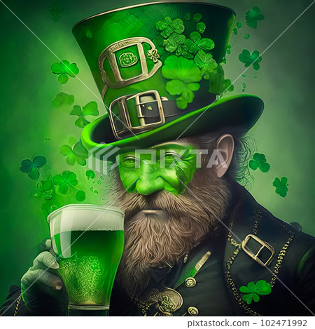 Stylish brutal leprechaun with a mug of beer on St. Patrick's Day. Generative Ai 102471992