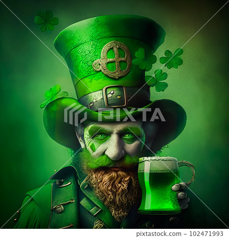 Stylish brutal leprechaun with a mug of beer on St. Patrick's Day. Generative Ai Stylish brutal leprechaun with a mug of beer on St. Patrick's Day. Generative Ai 102471993