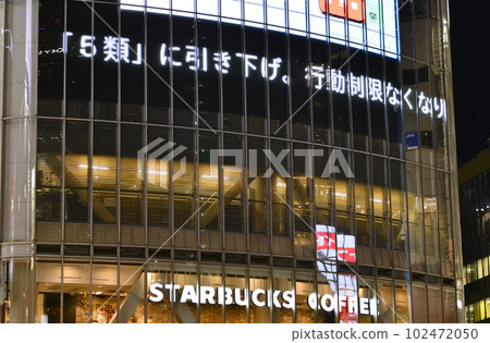 Moved to Class 5 of the Tokyo cityscape in Japan. Breaking news reporting that ``de-corona'' is in full swing, and ``5 categories'' are being lowered = 8th, Shibuya 102472050