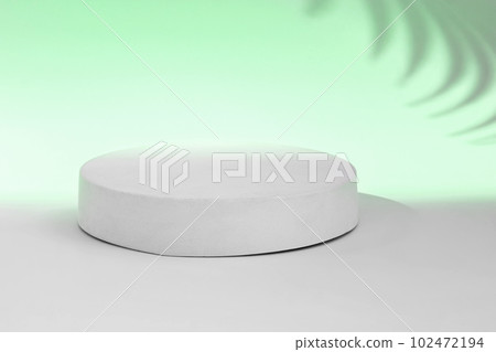 Podium for Cosmetics, Soap, Items Presentation. Abstract Minimal Geometric Sphere. Cylinder One Form Soft Shadow. Scene to Show Product, Object. Showcase Display Case. Palm Leaf, Green Color Ad Stand Podium for Cosmetics, Soap, Items Presentation. Abstract Minimal Geometric Sphere. Cylinder One Form Soft Shadow. Scene to Show Product, Object. Showcase Display Case. Palm Leaf, Green Color Ad Stand 102472194