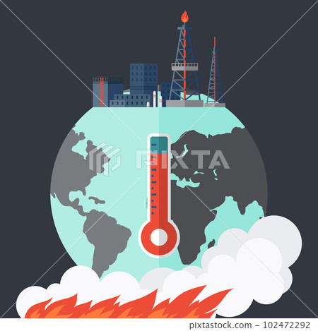 Oil derrick. Pump jack stands on top of planet earth. Petroleum-producing, oil refinery equipment 102472292