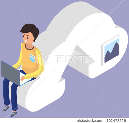 Man working remotely with computer, freelancer works with cloud storage. Freelance or Internet job 102472556