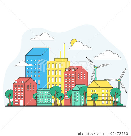Clean energy and environmentally friendly alternative source in big modern town. Clean city 102472580