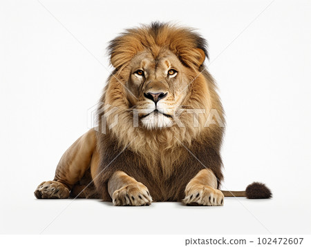 Generative IA illustration of a african adult lion isolated on white Generative IA illustration of a african adult lion isolated on white 102472607