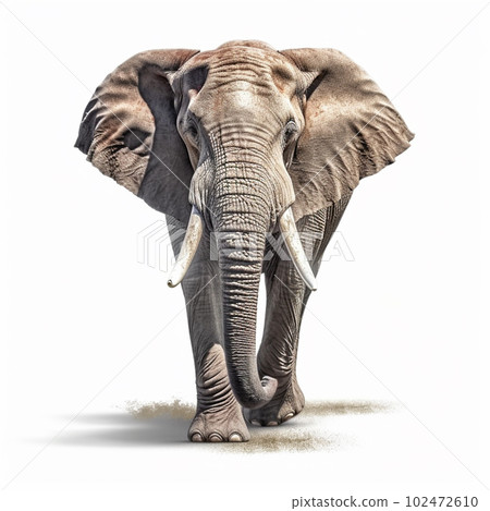 Generative IA illustration of a adult male elefant isolated on white Generative IA illustration of a adult male elefant isolated on white 102472610
