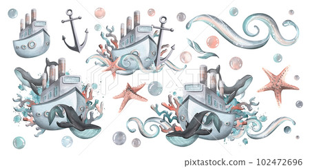 Set of isolated nautical compositions with whales, steamboats and seashells. Watercolor illustration. hand-drawn on a white background. For decoration and design of prints, posters, cards. Set of isolated nautical compositions with whales, steamboats and seashells. Watercolor illustration. hand-drawn on a white background. For decoration and design of prints, posters, cards. 102472696