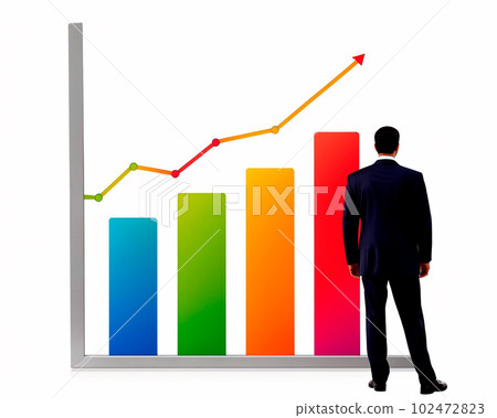 A businessman studies a graph. Business success concept. Businessman analyze stock market, study future marketing strategies, set goals for success, business planning. 3D-rendering. 102472823