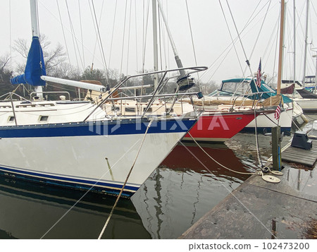 Sailboats moored in their boat slips 102473200