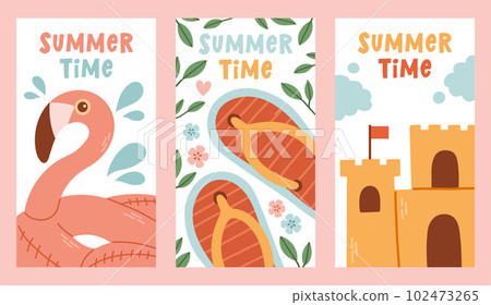 Summer time vector poster set. Hello summer text collection with elements for tropical holiday vacation. Summer time vector poster set. Hello summer text collection with elements for tropical holiday vacation. 102473265
