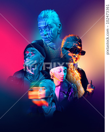 Collage of portraits of young blonde girl with neon colored digital filters over multicolored background in blue lights. Collage of portraits of young blonde girl with neon colored digital filters over multicolored background in blue lights. 102473361