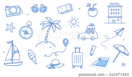 Summer travel vacation drawn set. Hand drawn sketch doodle style summer trip, vacation background. Sun, travel bag, beach tent doodle element. Funny tourism Summer travel vacation drawn set. Hand drawn sketch doodle style summer trip, vacation background. Sun, travel bag, beach tent doodle element. Funny tourism 102473363