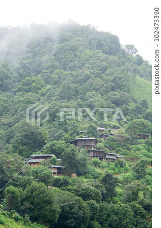 Landscape view of rice terraces and house of Thailand hill tribe. The village is in a valley among the rice terraces in Mae Jam, Chiang Mai, Thailand. Landscape view of rice terraces and house of Thailand hill tribe. The village is in a valley among the rice terraces in Mae Jam, Chiang Mai, Thailand. 102473390