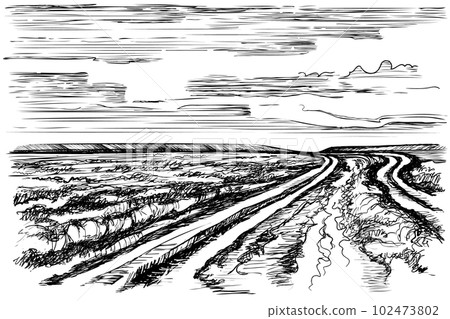 Simple hand-drawn vector drawing in black outline. Rural landscape, steppe road, farm fields, grass, bushes and trees on the horizon. Nature, summer. Ink sketch. 102473802