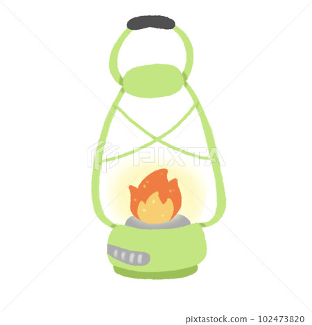 Hand-drawn Cute green camping lantern, lamp, fire, Camping character design in doodle style 102473820