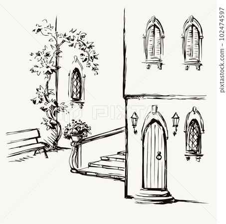 Vector Sketch. A comfortable bench in an old quiet courtyard 102474597