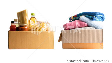 Foodstuff and cloth in box for donation, storage and delivery. Foodstuff and cloth in box for donation, storage and delivery. 102474657