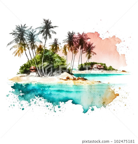 Watercolor scenic landscape maldives watercolor. White color background. Nature beauty. Aerial view. Luxury background. Summer seascape. Amazing nature background. Relax day. Watercolor scenic landscape maldives watercolor. White color background. Nature beauty. Aerial view. Luxury background. Summer seascape. Amazing nature background. Relax day. 102475181