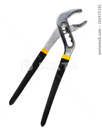 adjustable pipe wrench with rubber handle isolated 102475191